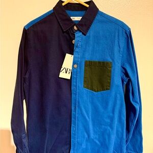 Zara Men's Denim Navy and Royal Blue Button Down Shirt